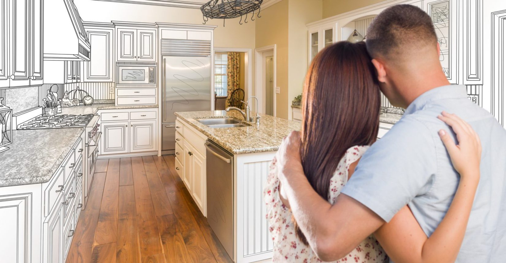 Back of the couple standing together looking into their kitchen. Left and right of room are illustrated renovation design plans.