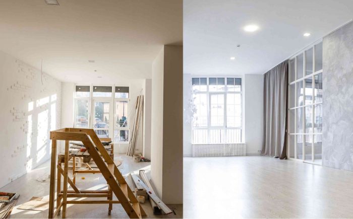 Left is a room under construction, large window at the far end. Right is the same room renovated in a contemporary style.