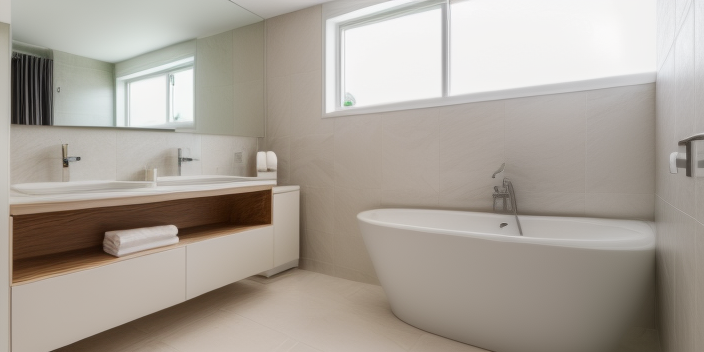 White tiles on the floor and walls. The bathroom has a mirror, large vanity, toilet and bidet